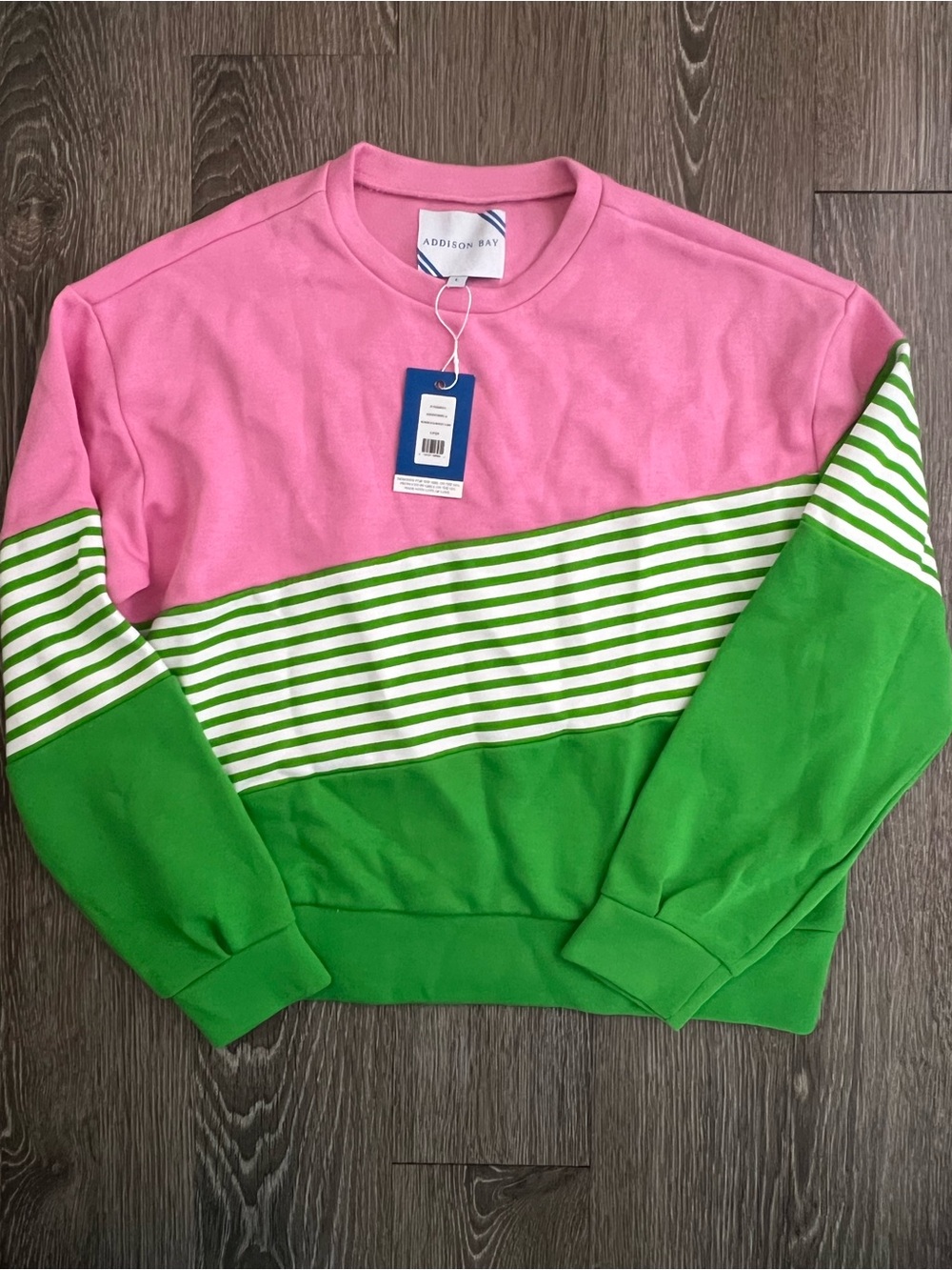 Addison Bay Colorblock Pullover Sweatshirt Pink Green Stripe Size Large NWT